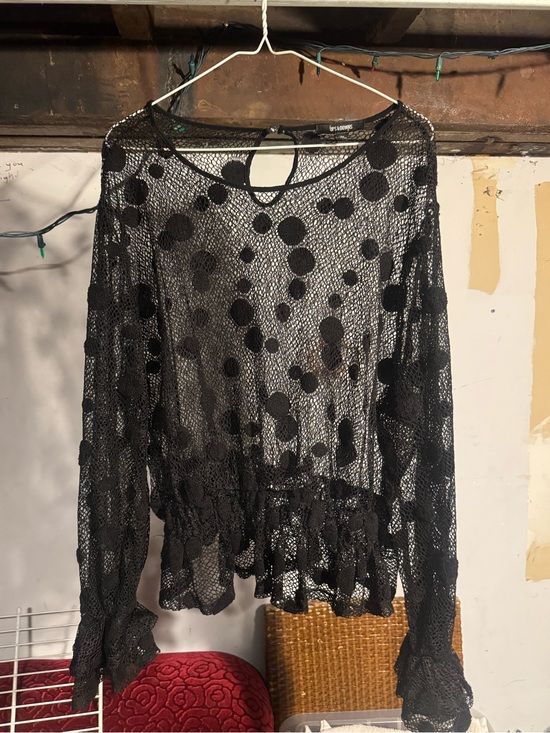 Tops - Black Sheer Polka Dot Long-Sleeve Women's Top